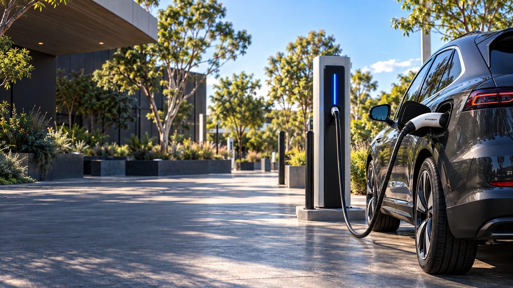 Electric vehicle charging in a sunlit outdoor commercial setting