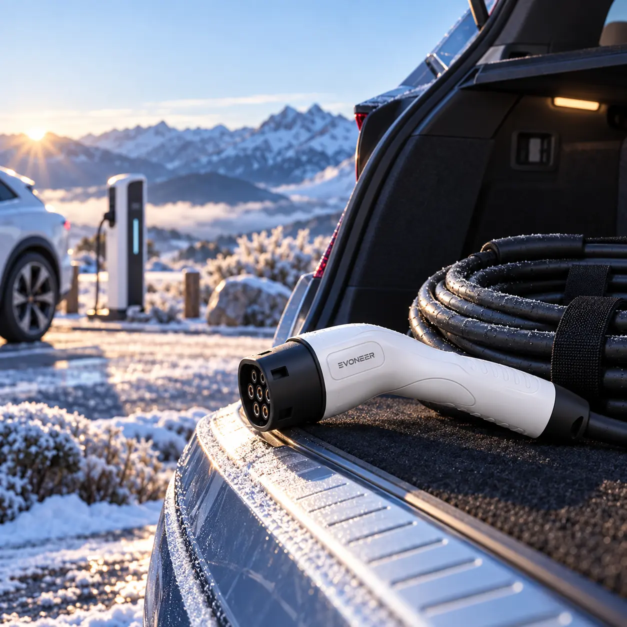 EVONEER cable at a frosty alpine electric vehicle destination