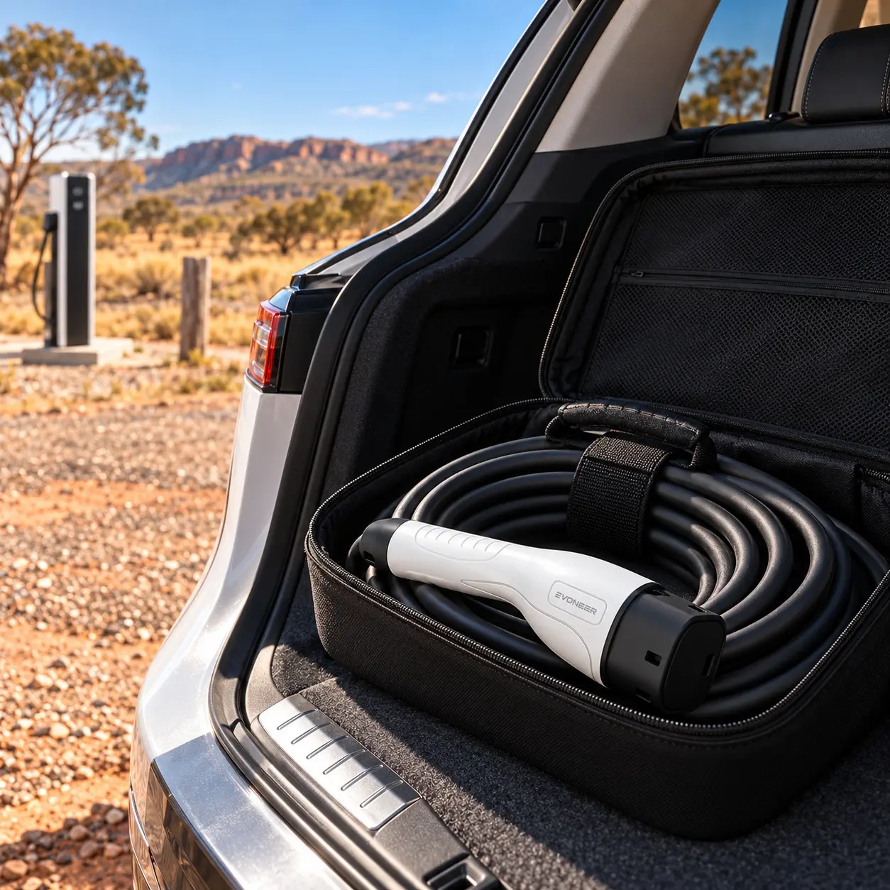 EVONEER cable stored in its carry case at a dry roadside stop