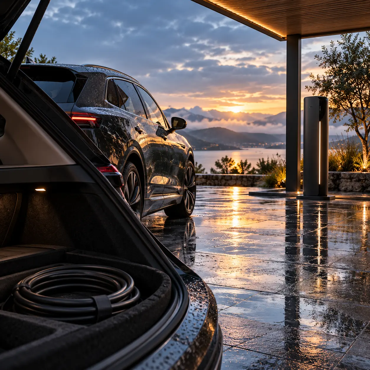 EV charging destination after rain with cable stored in a vehicle