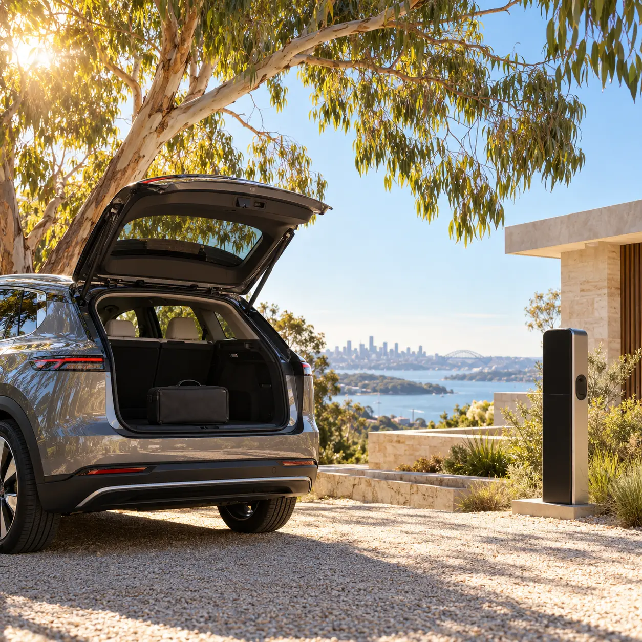 Sunlit electric vehicle and EVONEER carry case under eucalyptus shade