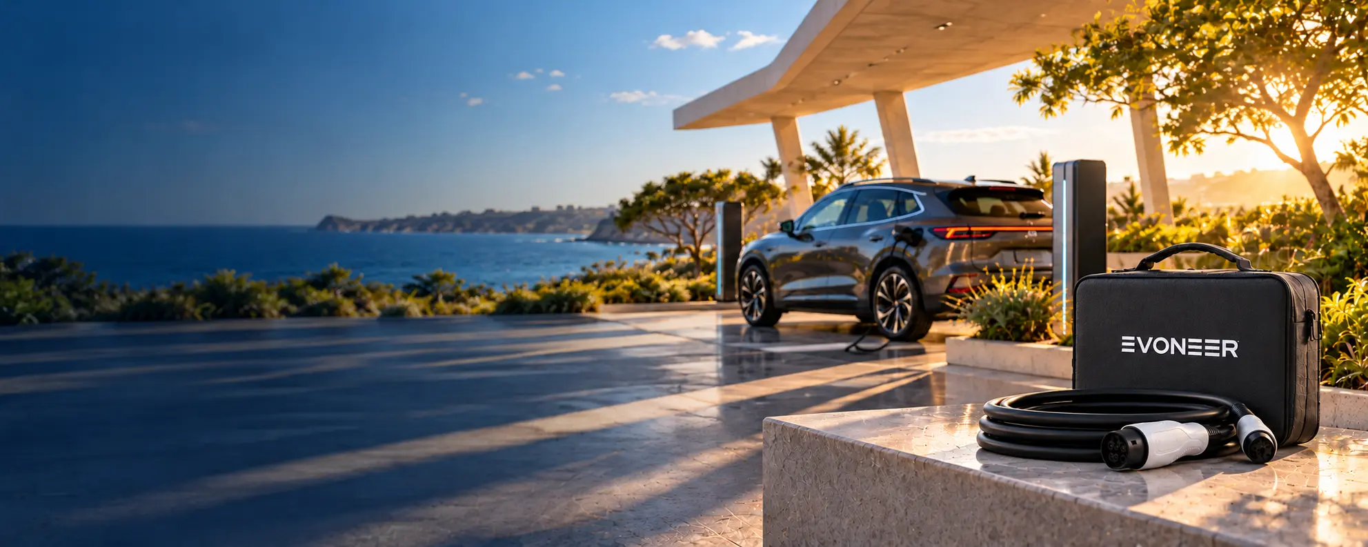 Sunlit coastal EV charging destination with an EVONEER cable and carry case