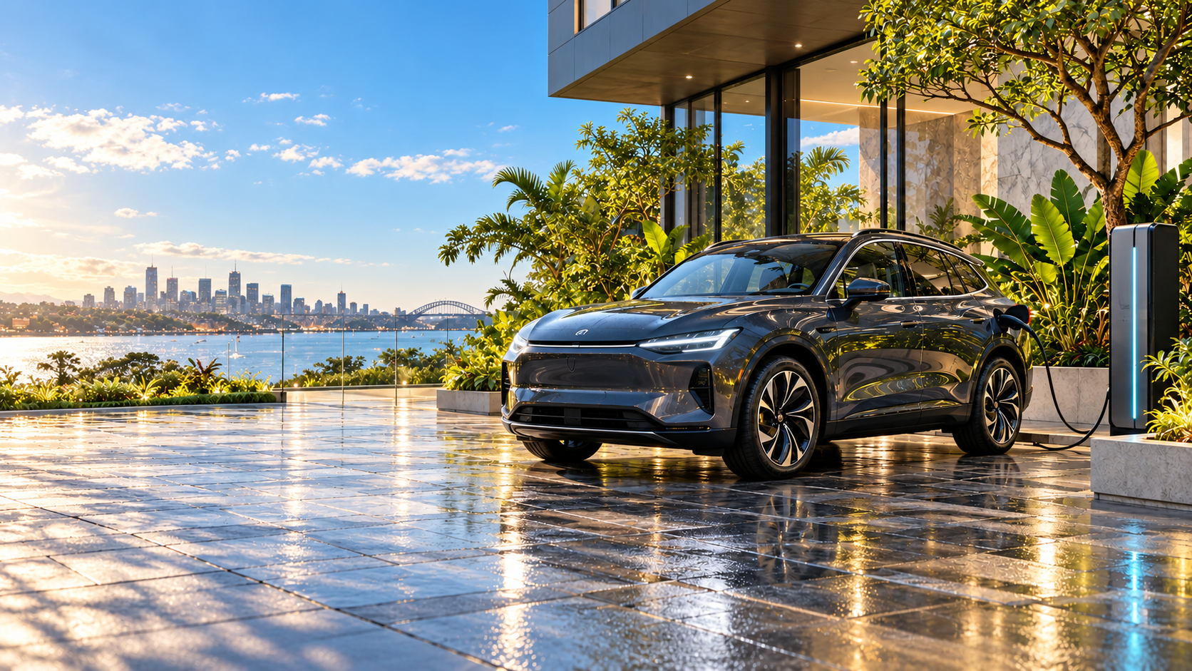Electric vehicle and charging station in a contemporary outdoor setting