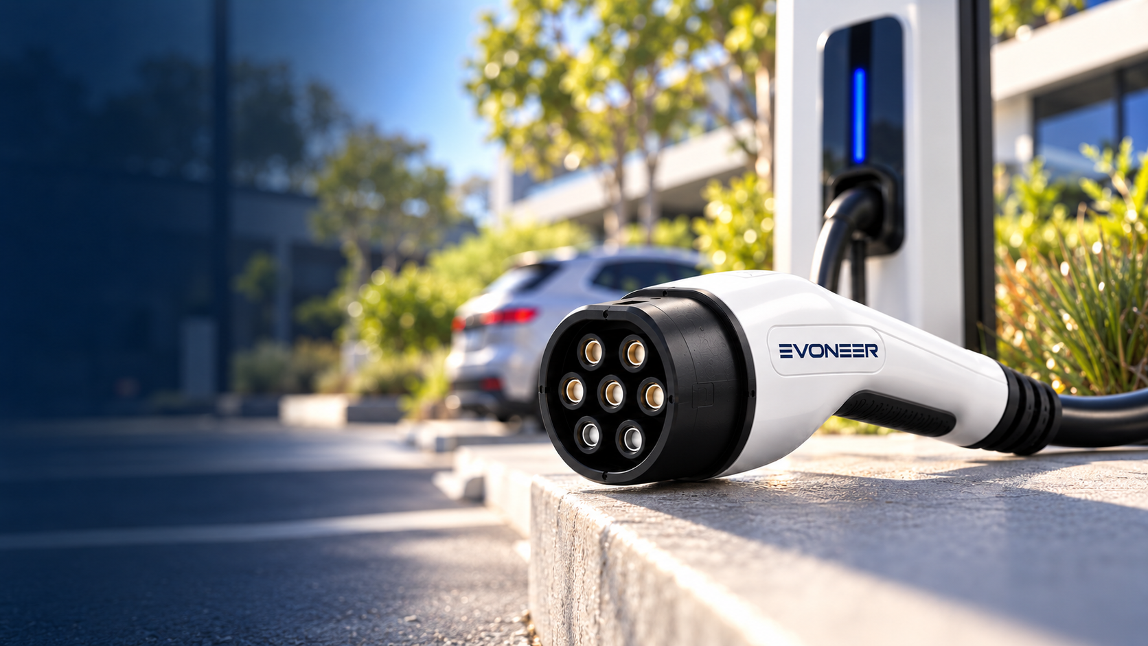 EVONEER charging connector in a sunlit outdoor setting