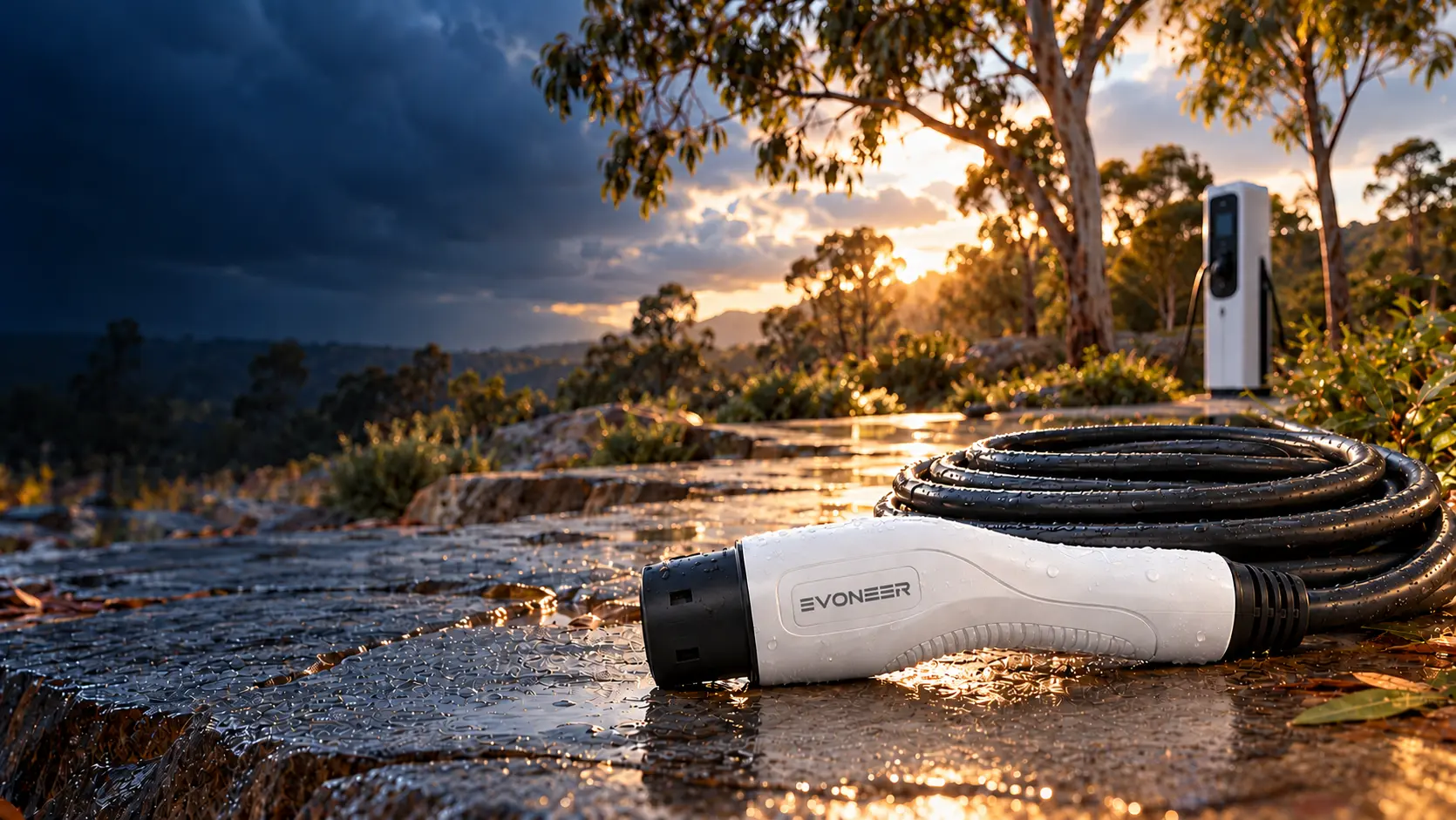 EVONEER cable on a rain-wet surface with an outdoor charging post in the distance